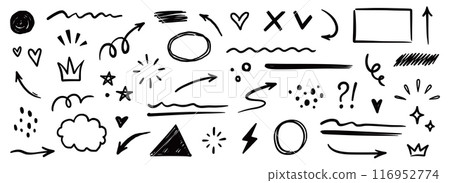 Line shape marker underline, arrow, heart brush element set. Hand drawn sketch marker underline shape, arrow, heart scribble brush pen stroke element. Crown, love graphic icon. Vector 116952774