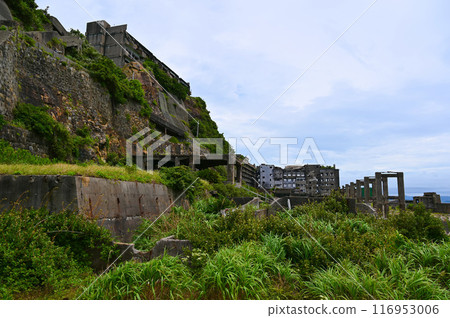 Gunkanjima Hashima Coal Mine Coal Storage Yard and Building 3 on the Hill Nagasaki City 116953006