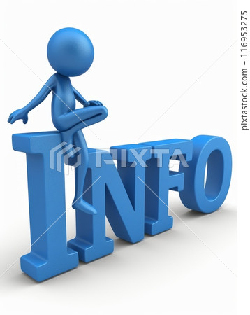 3D blue figure leaning on stacked letters spelling "INFO" against a white background 116953275