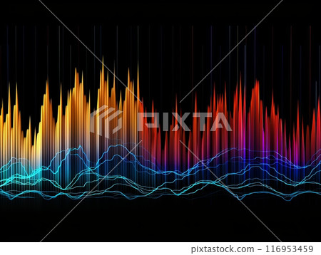 background with a spectrum of radio waves in bright colors on a dark background. 116953459