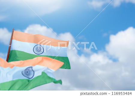 A Indian flag with the colors green, white and red 116953484