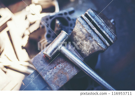 Mechanic tools engineering equipment car auto repair shop with copy space. Blurred background mechanical service. Heavy screw grungy rusted wrenches dirty screwdriver object. Industrial hardware set Mechanic tools engineering equipment car auto repair shop with copy space. Blurred background mechanical service. Heavy screw grungy rusted wrenches dirty screwdriver object. Industrial hardware set 116953711