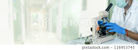 Banner Scientist man look Microscope research in science laboratory. Banner Asian scientist use microbiology microscope in laboratory equipment chemistry lab. Biochemistry experiment with copy space 116953745