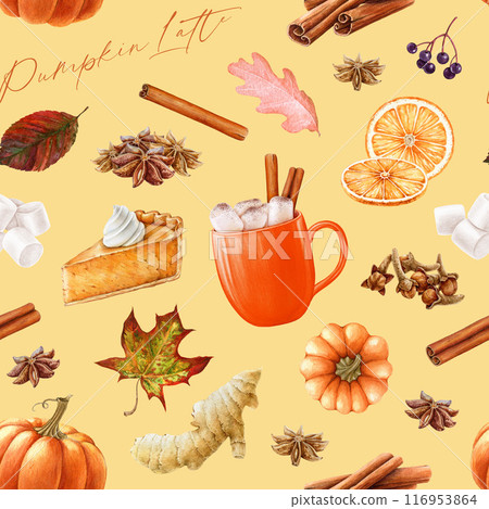 Autumn mood seamless pattern in warm colors. Hand drawn autumn traditional drinks, desserts, spices painted pattern. Pumpkin pie, caramel latte, cinnamon, clove painted elements 116953864