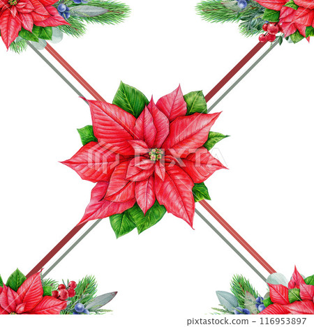 Winter season festive decor seamless pattern. Watercolor illustration. Christmas festive floral elements, pine branches, eucalyptus, red berries, geometric lines. Winter time endless pattern element 116953897