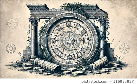 Ancient magic circle carved into ruins Ancient magic circle carved into ruins 116953937