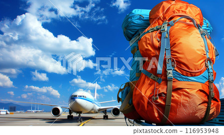 Travel backpack is neatly placed on a seat, prepared for boarding 116953948