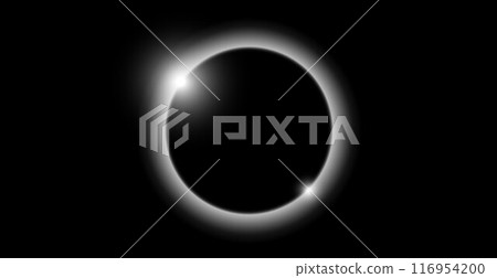 Planet eclipse concept. Solar light glare effect. Abstract glowing sun crown in dark space. Earth halo with shining edge. Vector illustration design for poster, banner, cover, brochure, booklet 116954200