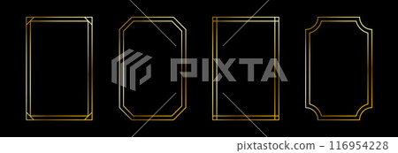 Thin golden frame set. Gold rectangular border collection in art deco style. Thin linear shining rectangle shape bundle. Metal glowing shiny boarder element pack for photo, cadre, poster, card. Vector 116954228