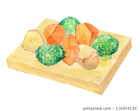 Cut vegetables on a cutting board watercolor illustration 116954230