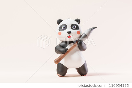 Cartoon panda and Chinese retro ink brush, 3d Cartoon panda and Chinese retro ink brush, 3d 116954355