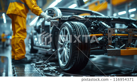 Precision engineering is evident in the foreground's portrayal of the car frame Precision engineering is evident in the foreground's portrayal of the car frame 116954371