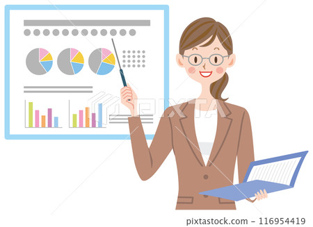 穿西裝的女人做示範、上班族、商業場景的插圖 116954419