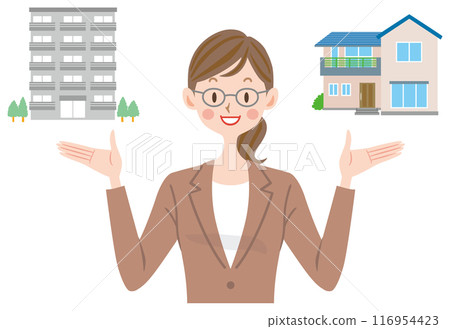 A woman choosing between a house or an apartment. A real estate salesperson making a proposal. Rent or buy. A woman choosing between a house or an apartment. A real estate salesperson making a proposal. Rent or buy. 116954423