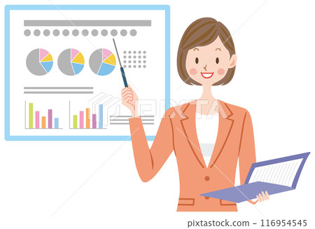 穿西裝的女人做示範、上班族、商業場景的插圖 116954545