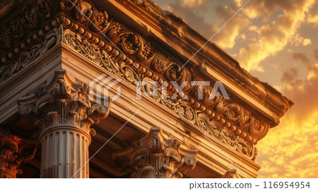 A classical entablature with intricate floral carvings stands illuminated under the golden setting sun. 116954954