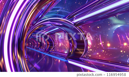 A futuristic entablature with chrome elements and neon lights creates a mesmerizing cosmic aesthetic. 116954958