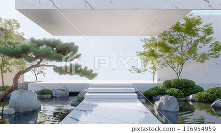 A minimalist, modern entablature of polished white marble floats above a Zen garden, blending design and serenity. 116954959
