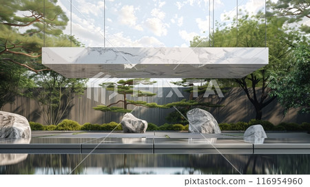 A minimalist, modern white marble entablature floats above a serene Zen garden, blending contemporary and timeless tranquility. 116954960