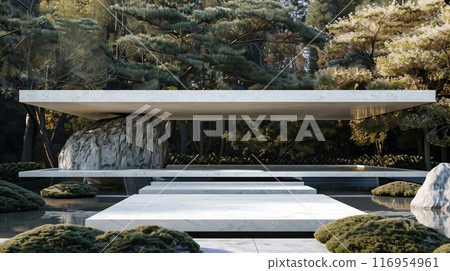 A polished white marble entablature floats above a serene Zen garden, blending elegance with tranquility. 116954961