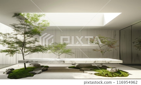 A sleek, minimalist white marble entablature floats above a tranquil Zen garden, blending design and serenity. 116954962