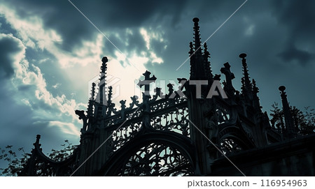 A Gothic entablature with gargoyles and ironwork silhouettes against a stormy sky, creating drama. 116954963