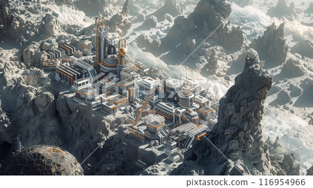 A galactic city in a dense asteroid field offers unique charm, with tech buildings on rugged, scenic rocks. 116954966