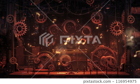 A steampunk stage with intricate gears and cogs, producing mesmerizing music and blending tech with art. 116954975