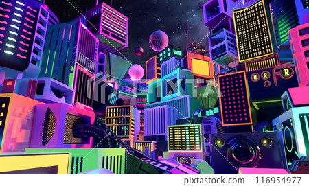 A whimsical cyberpunk cityscape with towering buildings pulsing to thumping bass lines of a virtual concert. A whimsical cyberpunk cityscape with towering buildings pulsing to thumping bass lines of a virtual concert. 116954977