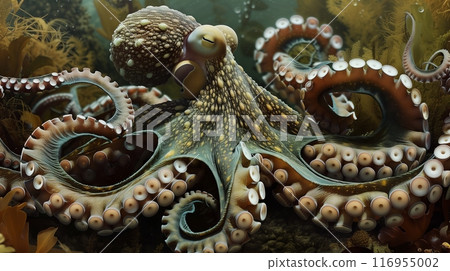 An octopus masterfully camouflages, leaving onlookers in awe of natures wonders. 116955002