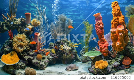 A tranquil underwater garden with vibrant sponges, colorful coral, and diverse marine life creates a mesmerizing oasis. 116955003