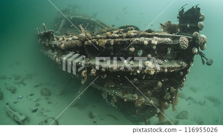 An ancient, barnacle-encrusted shipwreck offers a rich sanctuary and ecosystem for marine life. 116955026