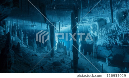 Hidden underwater caverns, sparkling with stalactites and stalagmites, await daring explorers. 116955029
