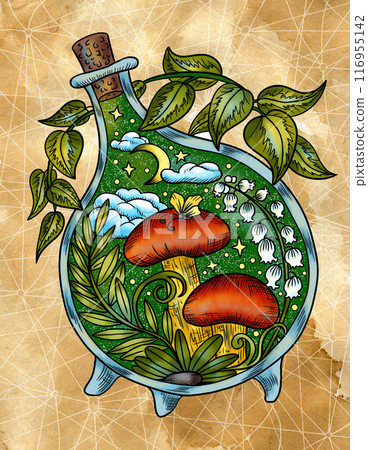 Vintage illustration with mystic mushrooms, magic and floral decorative elements, witchcraft symbols against textured background. Esoteric and witchy concept, hand drawn colorful poster or card 116955142