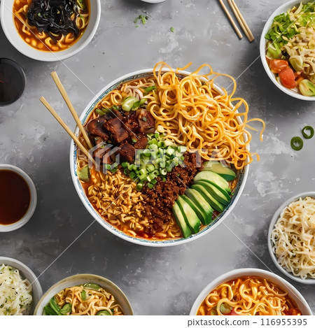 Bowls of Asian ramen noodles with meat, vegetables and chopsticks, top view. celebrating Instant Noodle Day 116955395