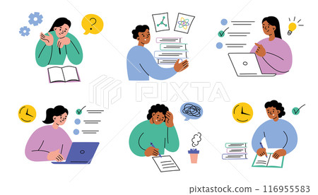 Vector illustrations of students taking tests on computers and writing exams in classrooms. Education compositions, study concept, flat cartoon characters in academic assessments, doodle icons 116955583