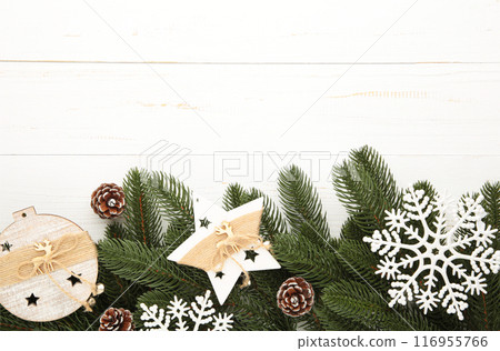 Christmas background with decorations on white wooden board. 116955766
