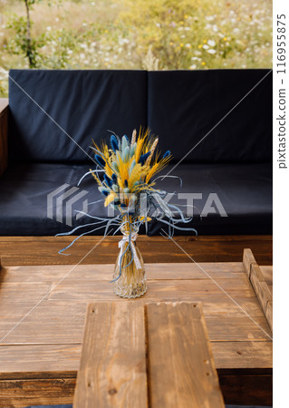 Interior of cozy open glamping tent. Camping tent for outdoor summer holiday and vacation 116955875