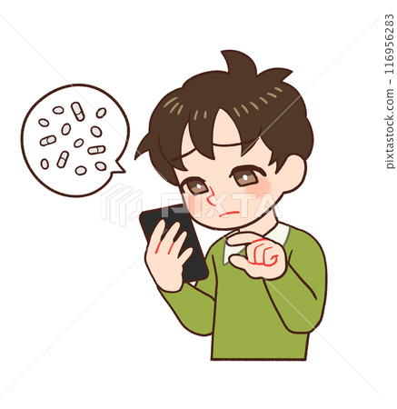Illustration of a child holding a smartphone and looking at the screen to check medicine Illustration of a child holding a smartphone and looking at the screen to check medicine 116956283