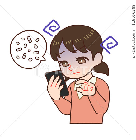 Illustration of a child holding a smartphone and looking at the screen to check medicine Illustration of a child holding a smartphone and looking at the screen to check medicine 116956288