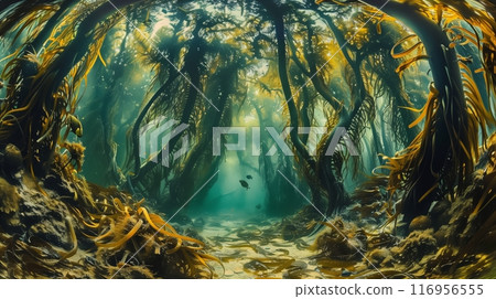 The haunting beauty of an underwater forest, with swaying kelp, hides diverse marine creatures in a magical world. The haunting beauty of an underwater forest, with swaying kelp, hides diverse marine creatures in a magical world. 116956555