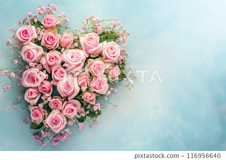 Heart shaped bouquet of pink roses on blue background with copy space. 116956640