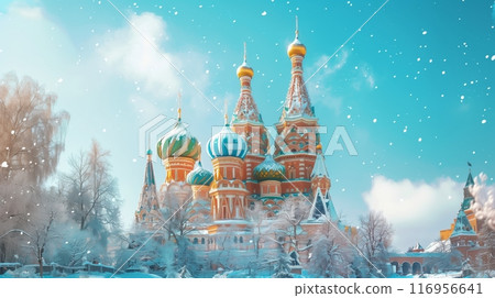 A vivid Russian cathedral with colorful domes stands majestically against a serene, snowy backdrop. 116956641