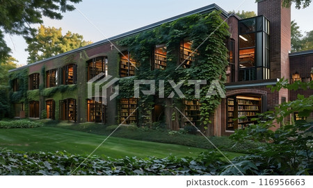Ivy-clad brick library nestled in a lush campus; open windows reveal cozy reading nooks inviting visitors. 116956663