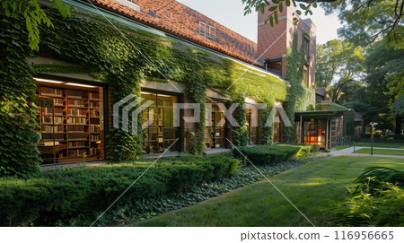 Ivy-covered brick library on lush campus, with open windows revealing cozy reading nooks for students. Ivy-covered brick library on lush campus, with open windows revealing cozy reading nooks for students. 116956665
