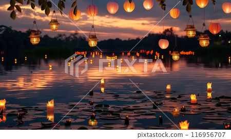A serene lakeside stage, with floating lanterns and water lilies at sunset, creates an enchanting ambiance. 116956707