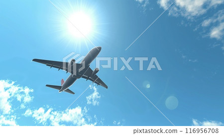 Airplane in the blue sky with white clouds and sun rays 116956708