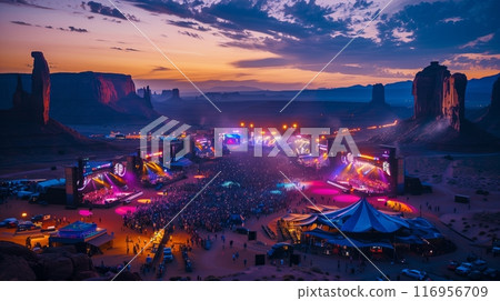 A serene lakeside at sunset with floating lanterns and illuminated lilies, casting a magical glow. 116956709