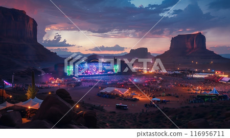 A desert music festival with stages amid rock formations, vibrant lights, and a lively crowd offers an unforgettable experience. 116956711