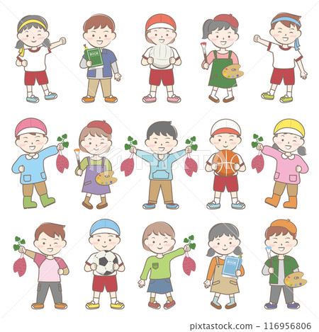 Children's autumn activities: digging sweet potatoes, sports, reading, art Children's autumn activities: digging sweet potatoes, sports, reading, art 116956806